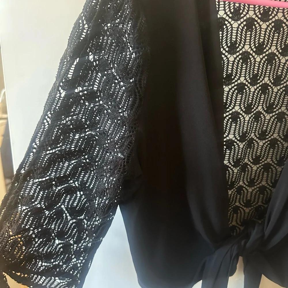 Susan Graver Black Lace Tie-Front Blouse - Picture 2 of 5